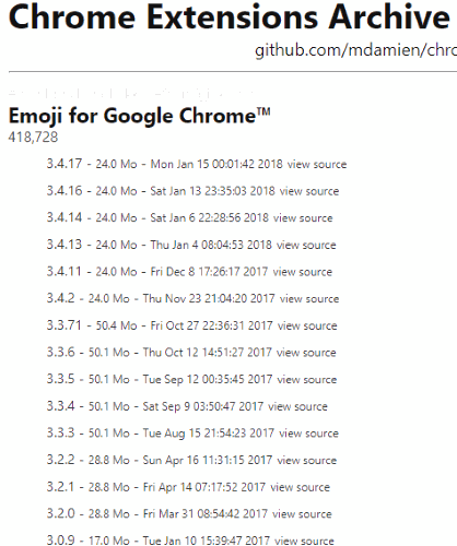 list of old versions of a chrome extension visible