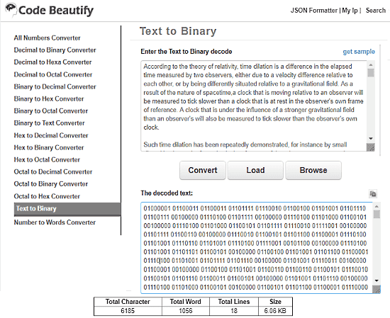 CodeBeautify.org: text to binary