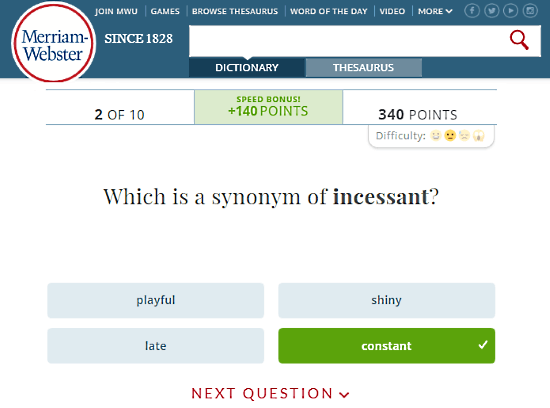 Merriam-Webmaster.com: test your vocabulary