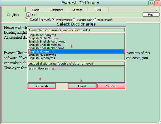 Everest Dictionary: holonym dictionary