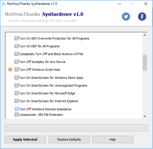 SysHardener windows settings