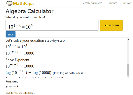 MathPapa.com: exponential equation calculator