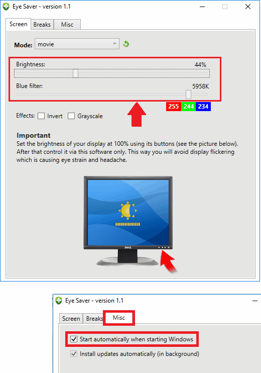 eye saver blue filter and brightness settings