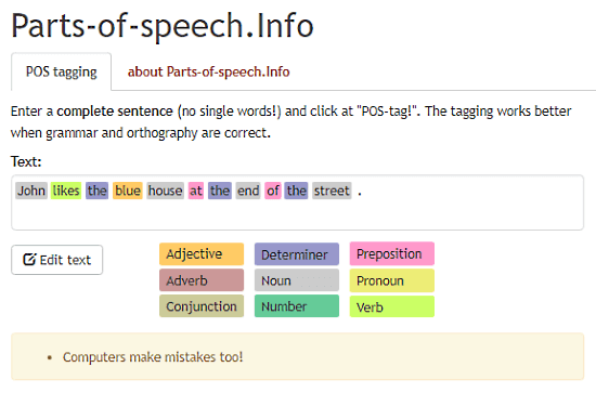 Parts-Of-Speech.info: online pos tagger