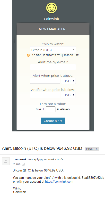 coinwink free crytocurrency price alert