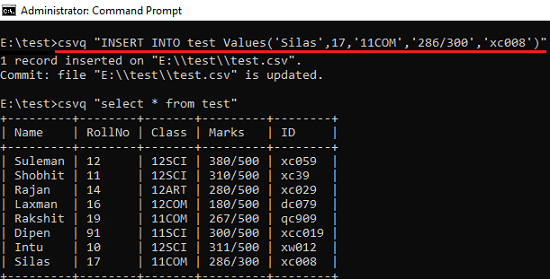 csvq insert command