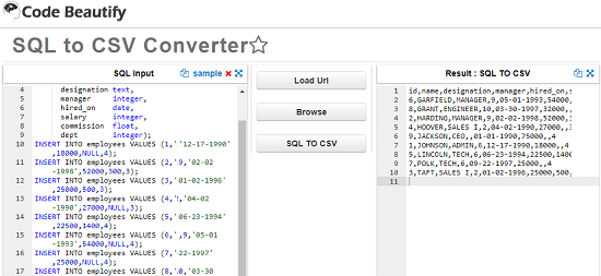 Code Beautify SQL to CSV Converter