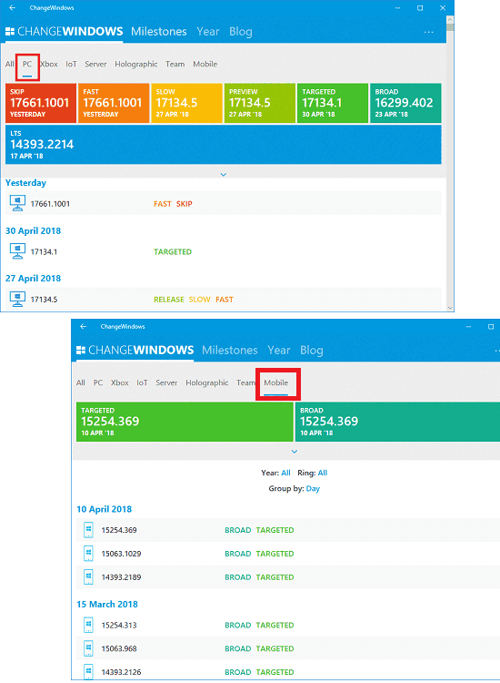 ChangeWindows versions for different devices