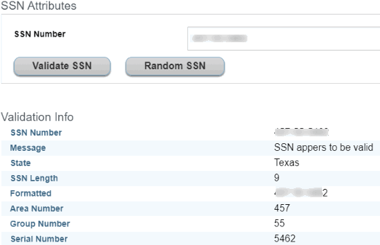 SSN Validation Information interface