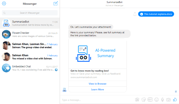 facebook messenger bot to summarize text