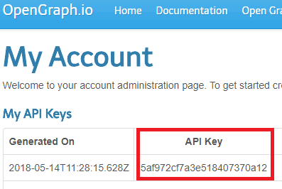 opengraph api key on dashboard