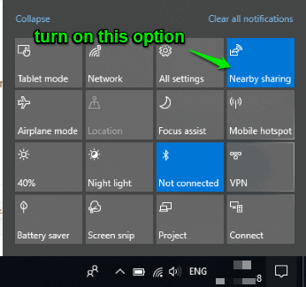 turn on nearby sharing option in action center
