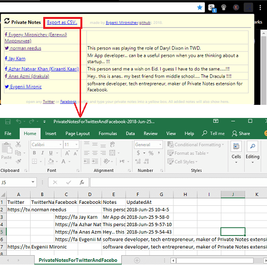 Private Notes for Twitter and Facebook export to CSV
