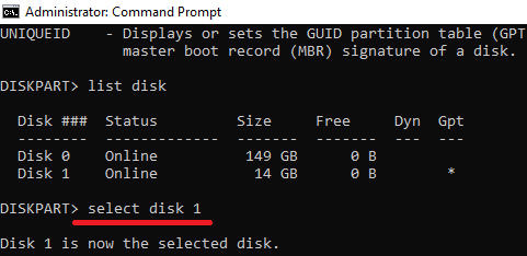 diskpart select disk