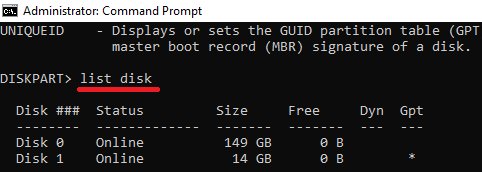 diskpart list disk
