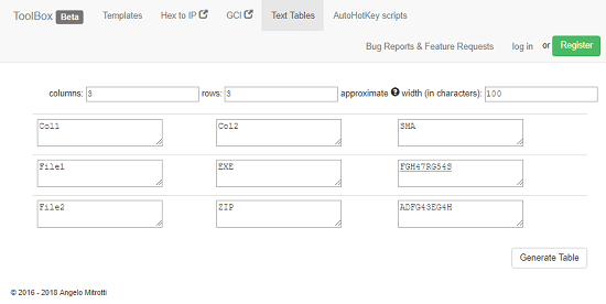 ascii table generator