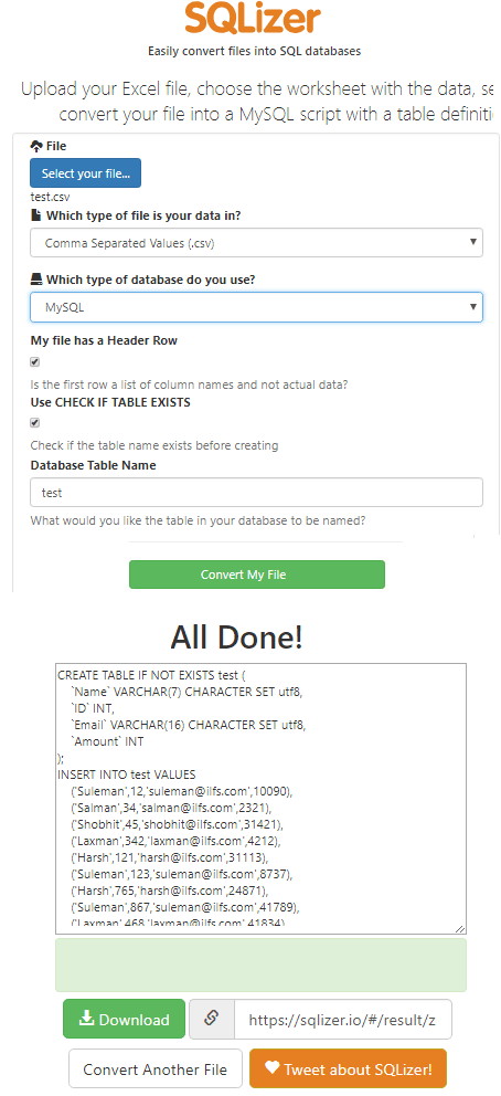 SQLizer free CSV to SQL converter
