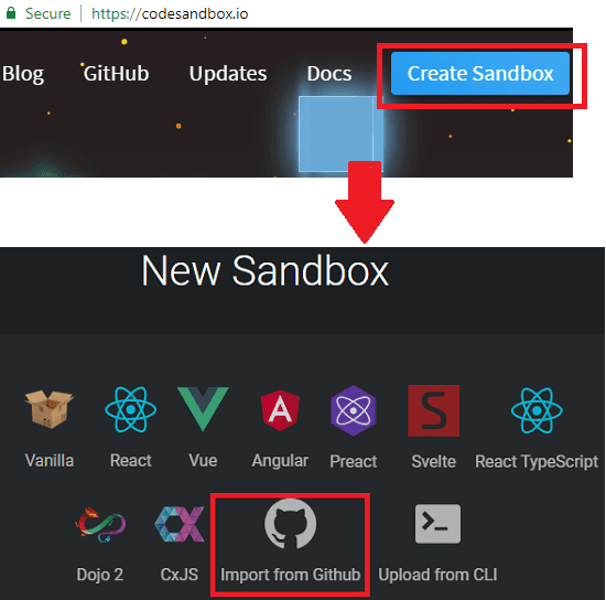 codesandbox import code from github