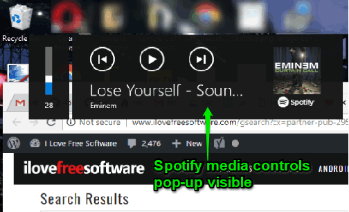 spotify media controls pop-up visible