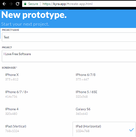 start creating prototype choose screen size