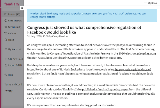 RSS reader with do not track feature