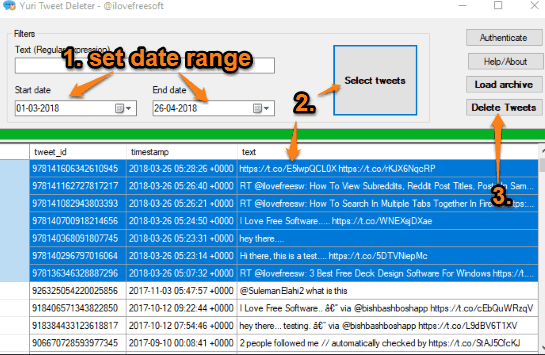 set date range to select tweets and delete them