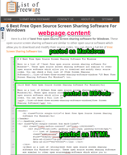 webpage content copied as markdown, bbcode, and html