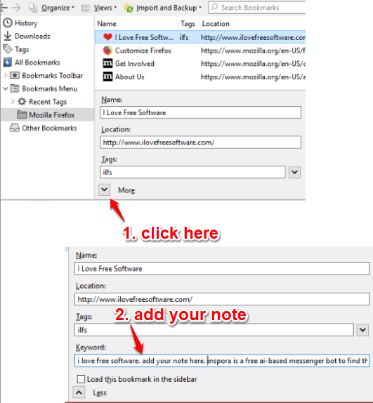 add notes to firefox bookmarks using keywords section