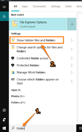 click on show hidden files and folders option