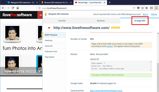 Mangools SEO Extension on page seo section