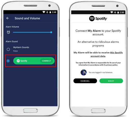 MyAlarm connect Spotify