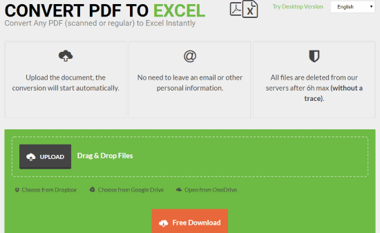 Pdftoexcel.com website