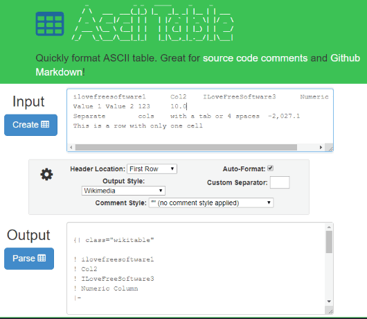 ASCII Table Generator interface