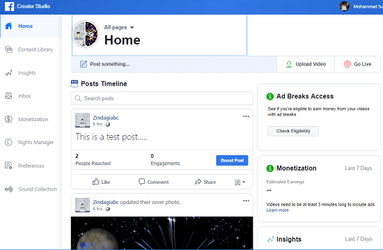 Facebook Creator Studio Home