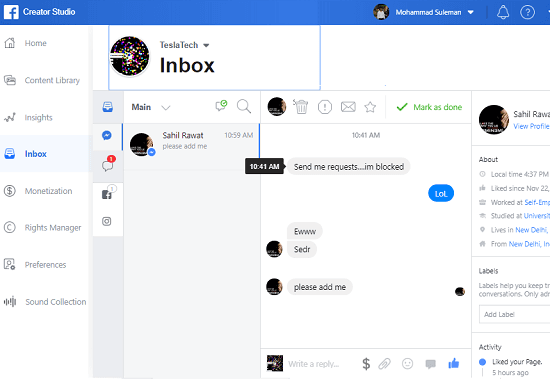 Facebook Creator Studio Messages