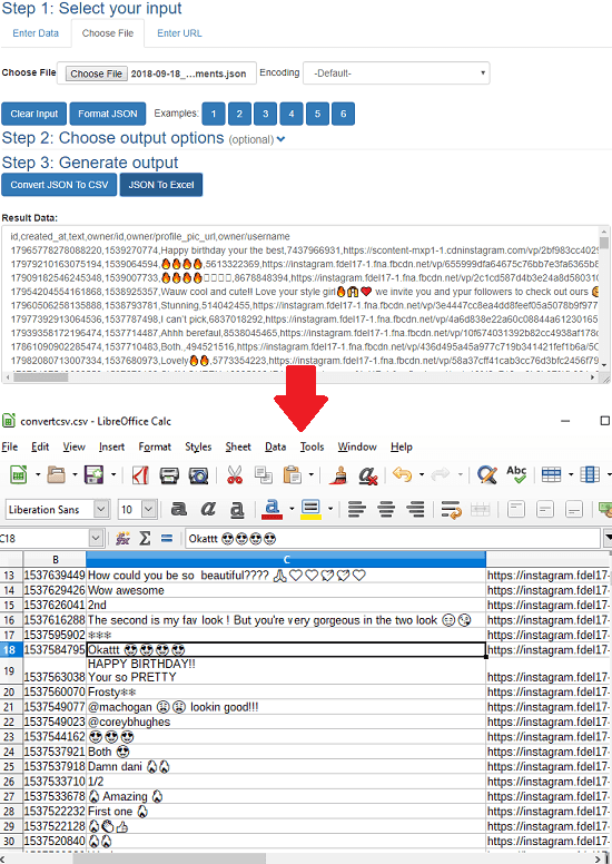 Instagram download comments in Excel