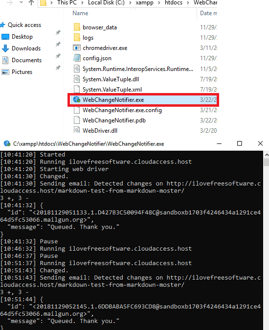 WebChangeNotifier log window