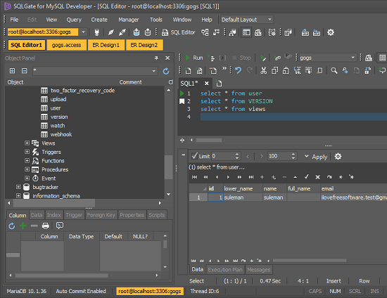 Free SQL Editor with ER Design, Query Converter, Bookmarks