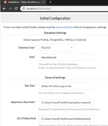 Gitea create database configuration