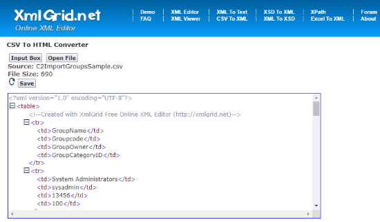 Xml Grid.net CSV to HTML converter