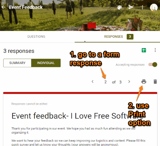 go to form response and use print icon