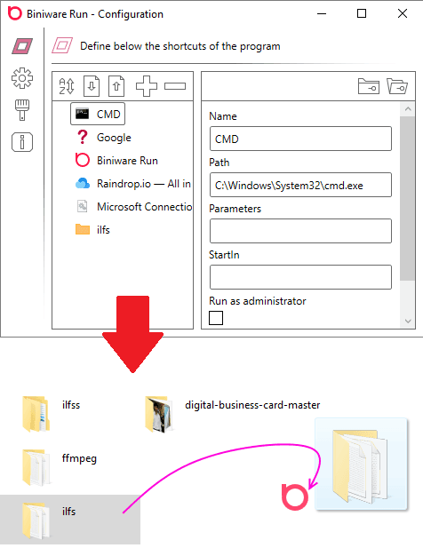 Biniware Run create shortcuts