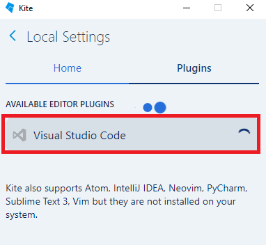 Kite installing plugin for vs code