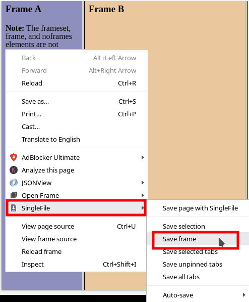 SingleFile save specific frame