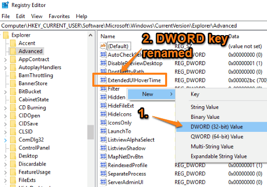 create ExtendedUIHoverTime dword value