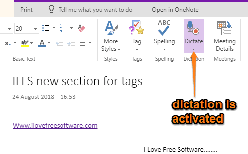 dicatation is activated in onenote online