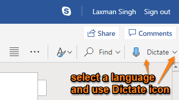 select language and use dictate icon