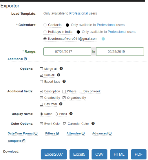 Gcal2Excel- interface