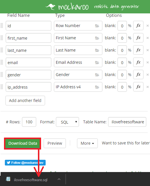 Mokaroo generate SQL data free online