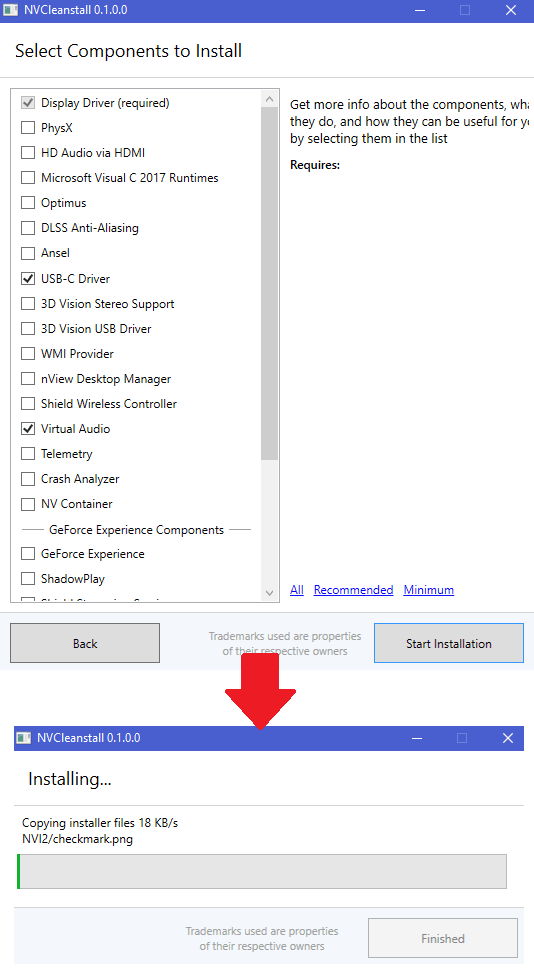 NVCleanstall Nvidia drivers installtion in action